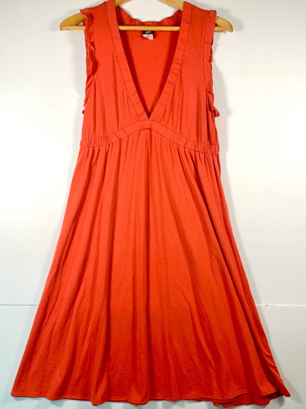 J.Crew midi dress casual orange-deep ruffle v-neck sleeveless jersey knit flowy